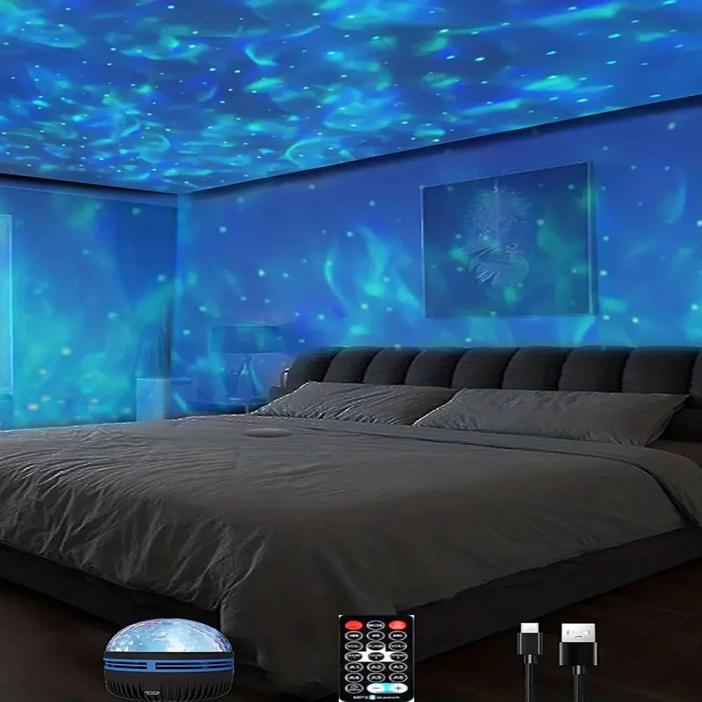 Proyector Galaxia LED 3 en 1 – Lámpara Nocturna con Ondas de Agua, Auroras Boreales y Estrellas