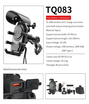 Soporte para Celular con Carga Inalámbrica USB Tipo C para Moto – Antirrobo, Amortiguador y Parasol | Compatible con 5.5" a 6.3"