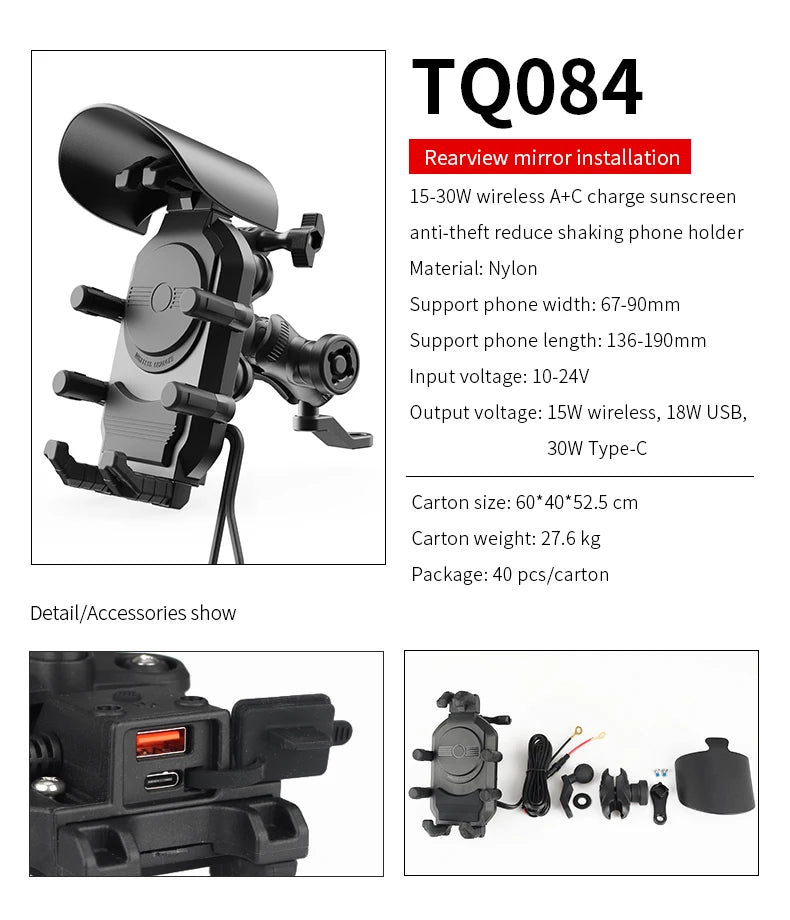 Soporte para Celular con Carga Inalámbrica USB Tipo C para Moto – Antirrobo, Amortiguador y Parasol | Compatible con 5.5" a 6.3"