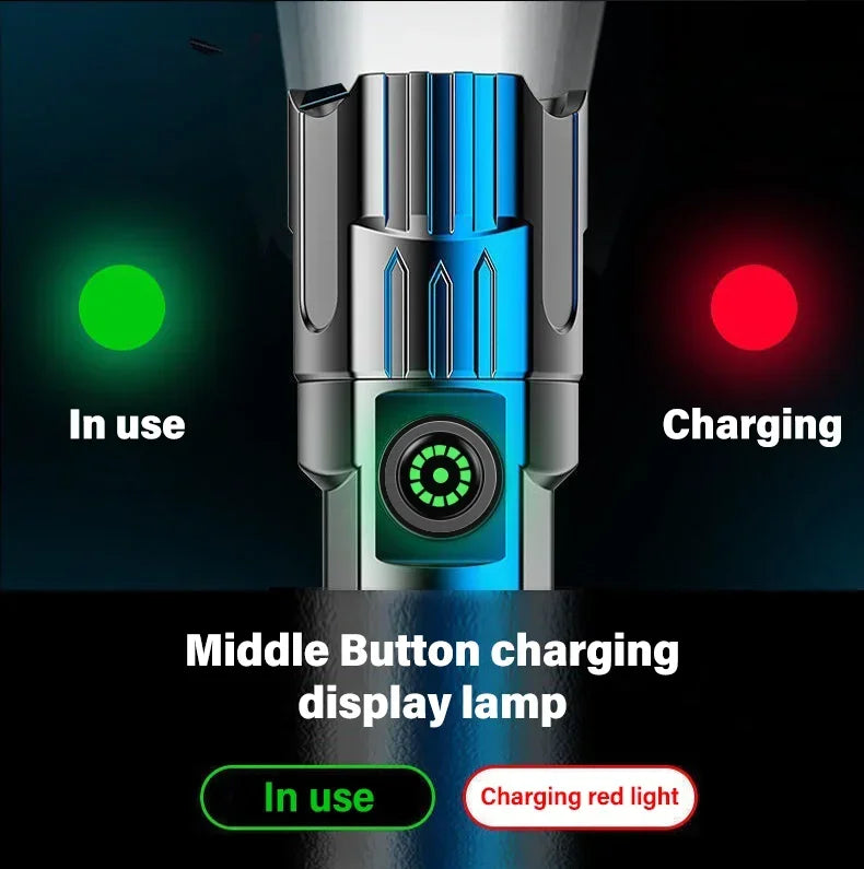 Linterna Táctica LED Recargable – 2000 lm con Zoom, 3 Modos y Pantalla | USB Tipo-C | Resistente al Agua | Emergencias y Camping