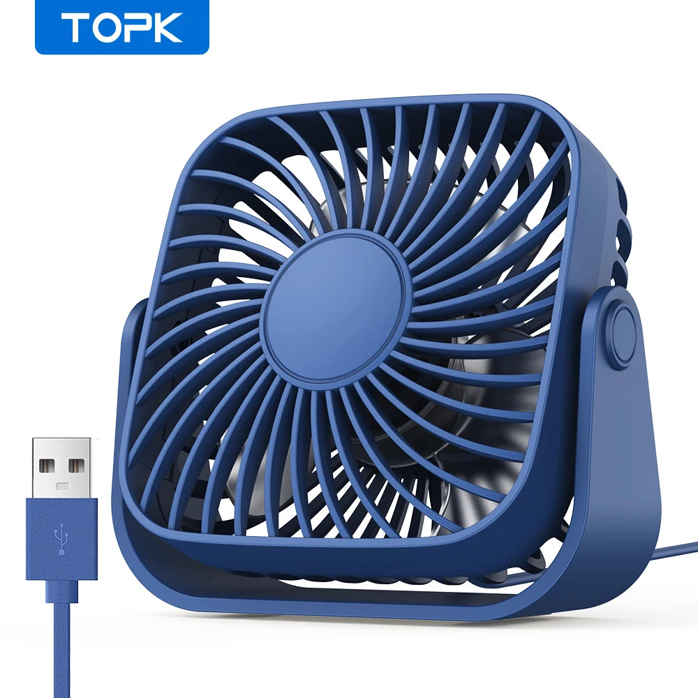 Ventilador USB TOPK Mini 4” Portátil – Silencioso, 3 Velocidades, Cabezal Giratorio 360°, Ideal para Casa, Oficina o Camping