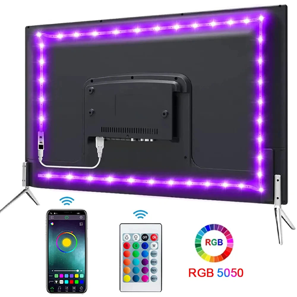 Tira LED RGB con Bluetooth y App –5 m | Control desde Celular + Control Remoto | Ideal para Cuartos Gamer, TV y Decoración Moderna