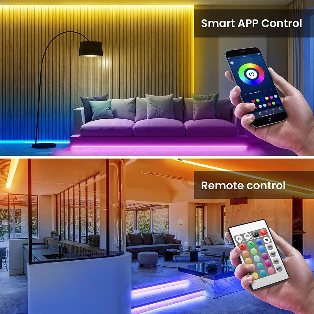 Tira LED RGB con Bluetooth y App –5 m | Control desde Celular + Control Remoto | Ideal para Cuartos Gamer, TV y Decoración Moderna