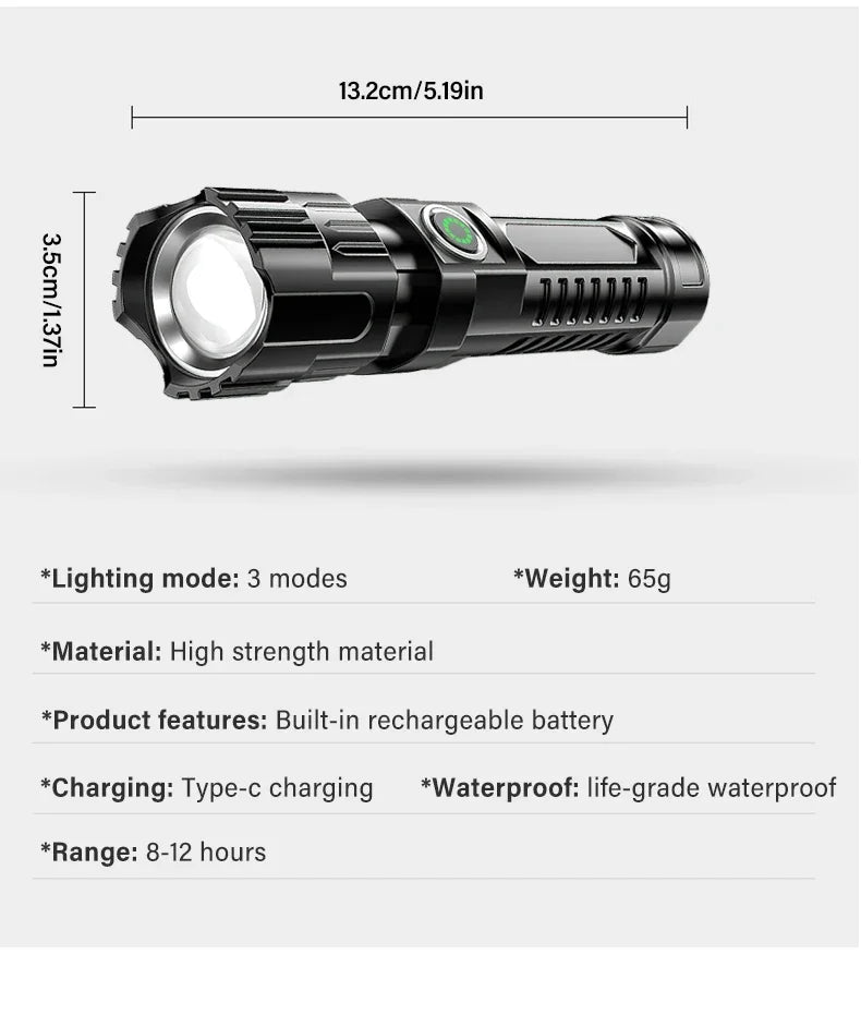 Linterna Táctica LED Recargable – 2000 lm con Zoom, 3 Modos y Pantalla | USB Tipo-C | Resistente al Agua | Emergencias y Camping