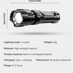 Linterna Táctica LED Recargable – 2000 lm con Zoom, 3 Modos y Pantalla | USB Tipo-C | Resistente al Agua | Emergencias y Camping