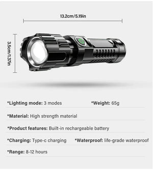 Linterna Táctica LED Recargable – 2000 lm con Zoom, 3 Modos y Pantalla | USB Tipo-C | Resistente al Agua | Emergencias y Camping