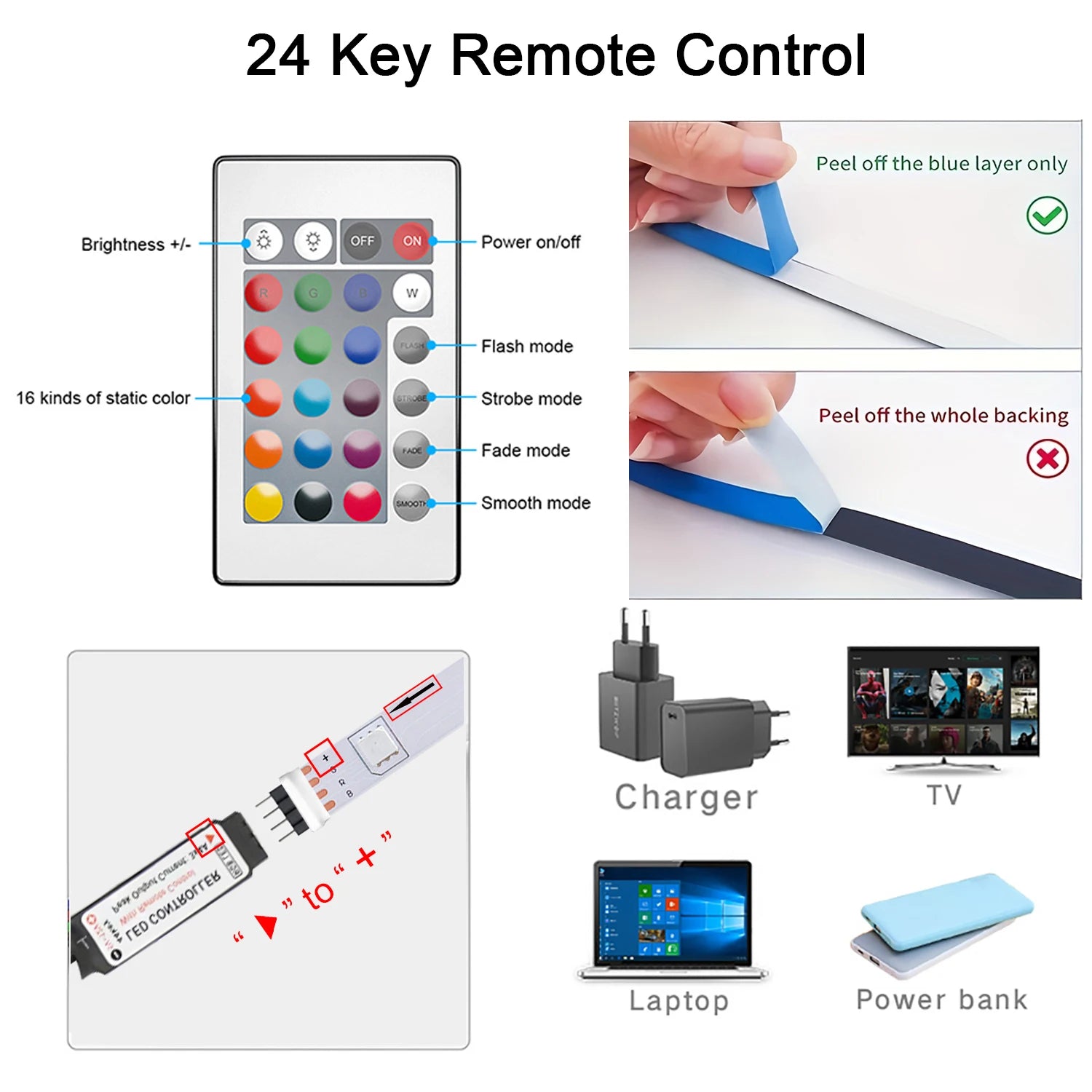 Tira LED RGB 10 m / 20 m con Control Remoto – Iluminación Decorativa para Cuartos, Paredes y Ambientes Festivos | 44 Modos + USB 5V