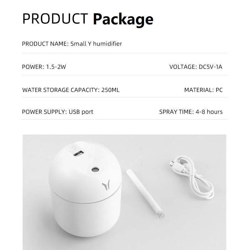Mini Humidificador USB 250 ml – Difusor Ultrasónico Silencioso con Luz LED para Aromaterapia | Hogar, Oficina o Auto