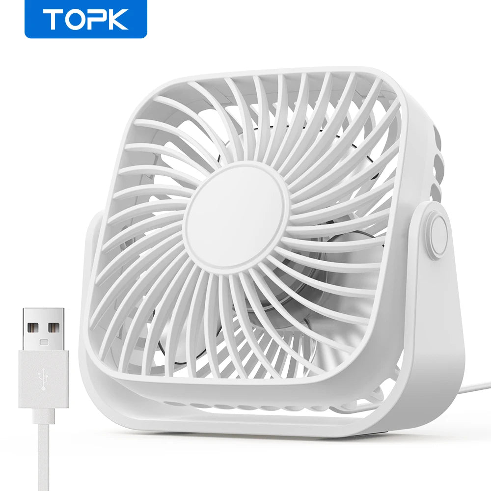 Ventilador USB TOPK Mini 4” Portátil – Silencioso, 3 Velocidades, Cabezal Giratorio 360°, Ideal para Casa, Oficina o Camping