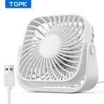 Ventilador USB TOPK Mini 4” Portátil – Silencioso, 3 Velocidades, Cabezal Giratorio 360°, Ideal para Casa, Oficina o Camping