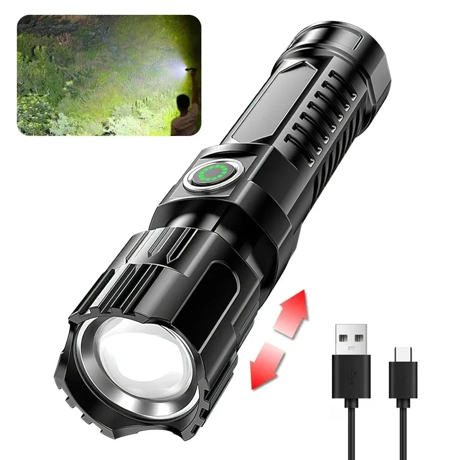 Linterna Táctica LED Recargable – 2000 lm con Zoom, 3 Modos y Pantalla | USB Tipo-C | Resistente al Agua | Emergencias y Camping