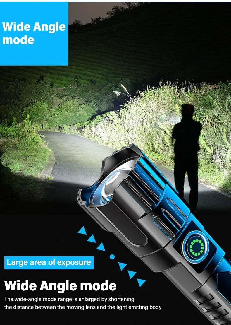 Linterna Táctica LED Recargable – 2000 lm con Zoom, 3 Modos y Pantalla | USB Tipo-C | Resistente al Agua | Emergencias y Camping