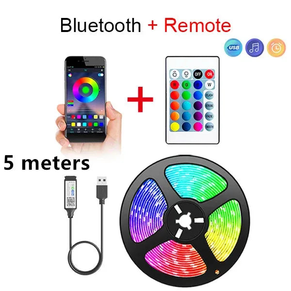 Tira LED RGB con Bluetooth y App –5 m | Control desde Celular + Control Remoto | Ideal para Cuartos Gamer, TV y Decoración Moderna