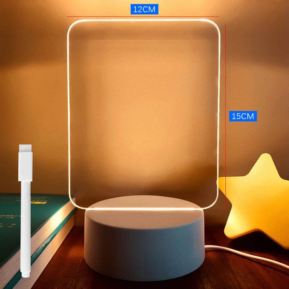 Lámpara LED de Acrílico con Mensajes – Tablero de Notas Luminoso USB con Pluma