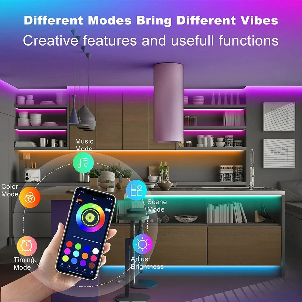 Tira LED RGB con Bluetooth y App –5 m | Control desde Celular + Control Remoto | Ideal para Cuartos Gamer, TV y Decoración Moderna