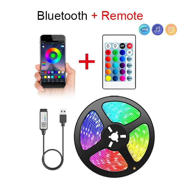 Tira LED RGB con Bluetooth y App –5 m | Control desde Celular + Control Remoto | Ideal para Cuartos Gamer, TV y Decoración Moderna