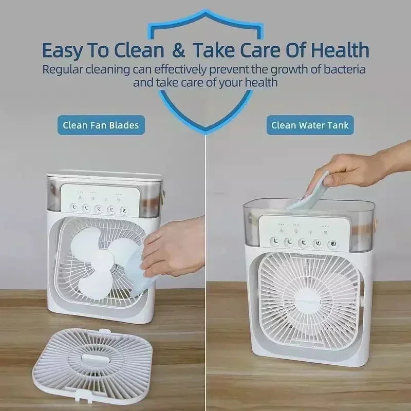Enfriador de Aire 3 en 1 Portátil con Luz LED – Ventilador, Humidificador y Mini Aire Acondicionado USB para Hogar y Oficina