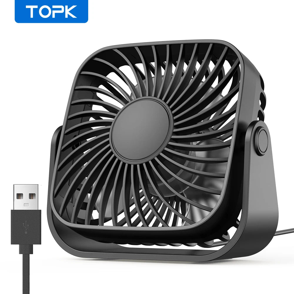Ventilador USB TOPK Mini 4” Portátil – Silencioso, 3 Velocidades, Cabezal Giratorio 360°, Ideal para Casa, Oficina o Camping