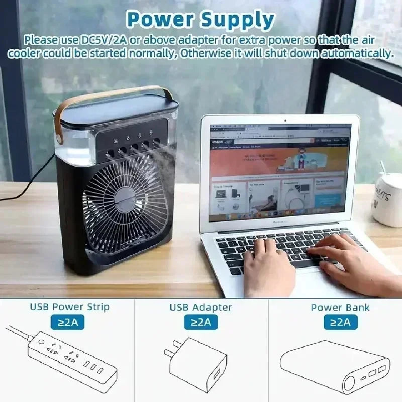 Enfriador de Aire 3 en 1 Portátil con Luz LED – Ventilador, Humidificador y Mini Aire Acondicionado USB para Hogar y Oficina