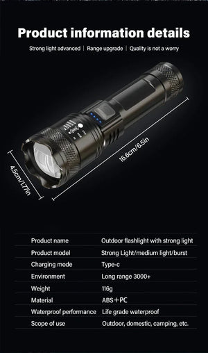 Linterna Táctica LED Recargable – 2000 lm con Zoom, 3 Modos y Pantalla | USB Tipo-C | Resistente al Agua | Emergencias y Camping