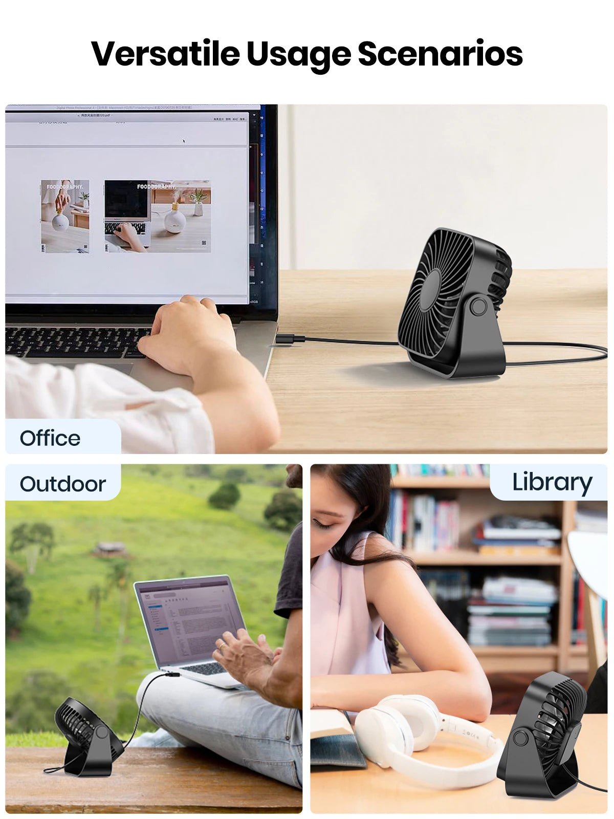 Ventilador USB TOPK Mini 4” Portátil – Silencioso, 3 Velocidades, Cabezal Giratorio 360°, Ideal para Casa, Oficina o Camping