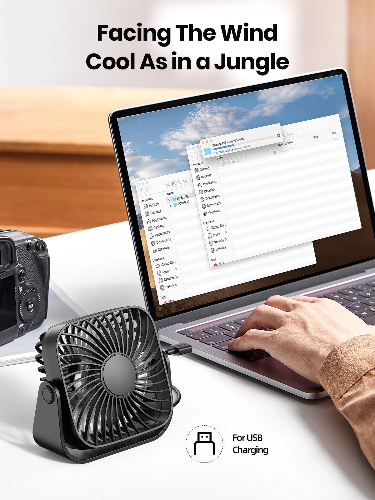 Ventilador USB TOPK Mini 4” Portátil – Silencioso, 3 Velocidades, Cabezal Giratorio 360°, Ideal para Casa, Oficina o Camping