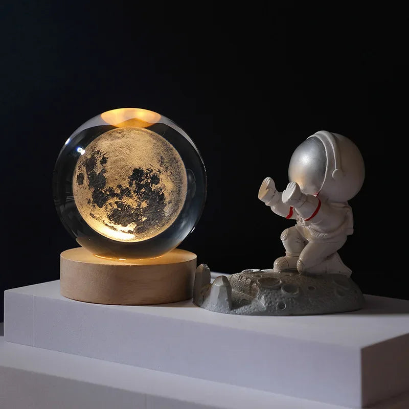 Luz Nocturna LED USB Bola de Cristal Galáctica 3D | Lámpara Luna y Planeta para Decoración de Hogar y Regalos