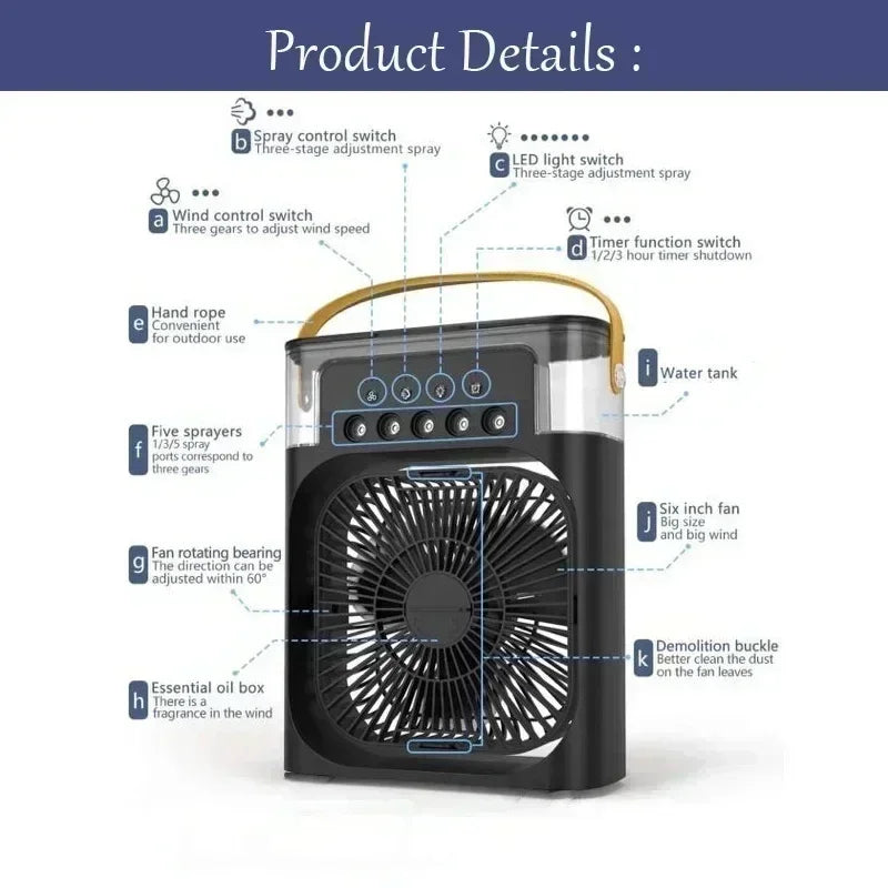 Enfriador de Aire 3 en 1 Portátil con Luz LED – Ventilador, Humidificador y Mini Aire Acondicionado USB para Hogar y Oficina