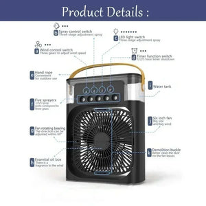 Enfriador de Aire 3 en 1 Portátil con Luz LED – Ventilador, Humidificador y Mini Aire Acondicionado USB para Hogar y Oficina
