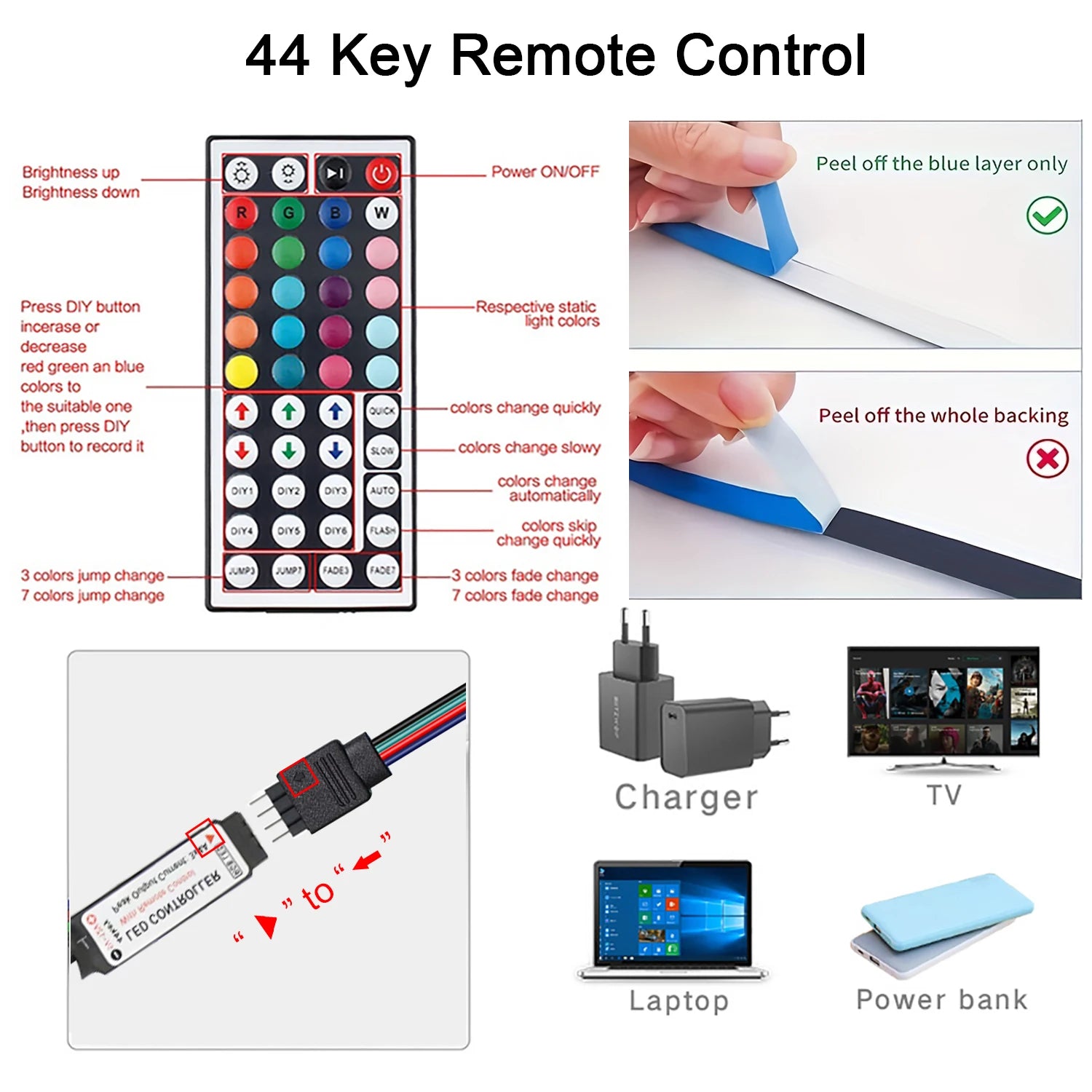 Tira LED RGB 10 m / 20 m con Control Remoto – Iluminación Decorativa para Cuartos, Paredes y Ambientes Festivos | 44 Modos + USB 5V
