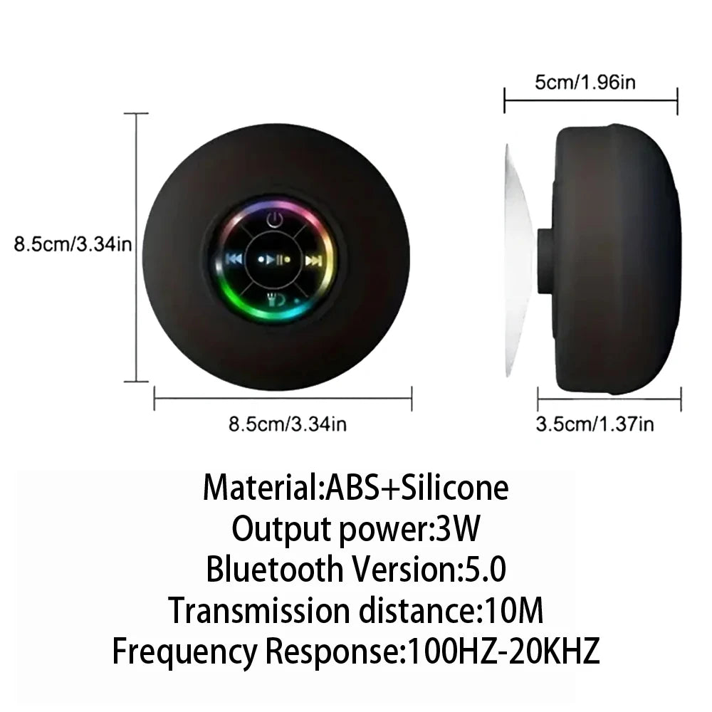 Bocina Bluetooth Portátil con LED e IPX4 – Impermeable, con Micrófono y Ventosa para Baño o Exterior
