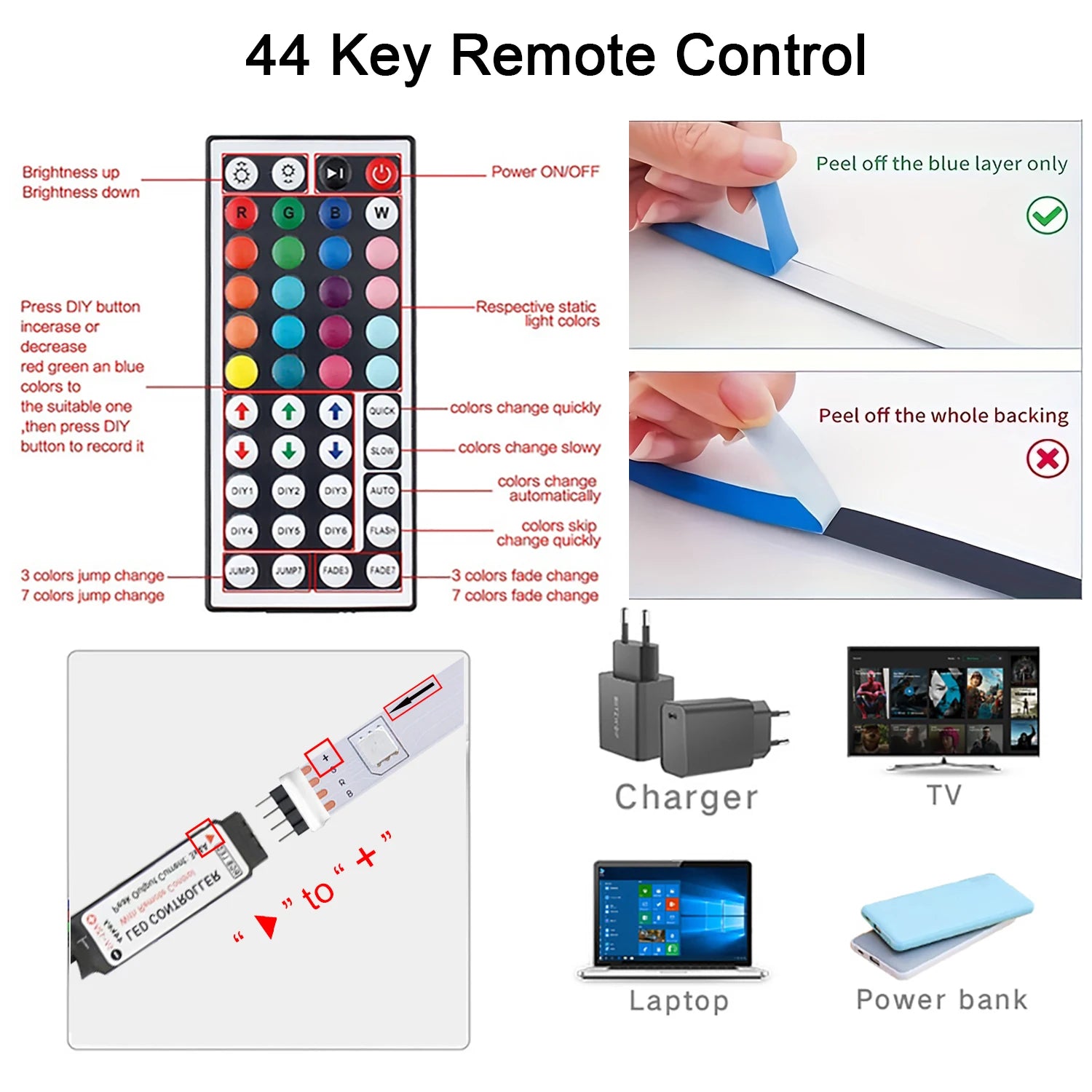 Tira LED RGB 10 m / 20 m con Control Remoto – Iluminación Decorativa para Cuartos, Paredes y Ambientes Festivos | 44 Modos + USB 5V