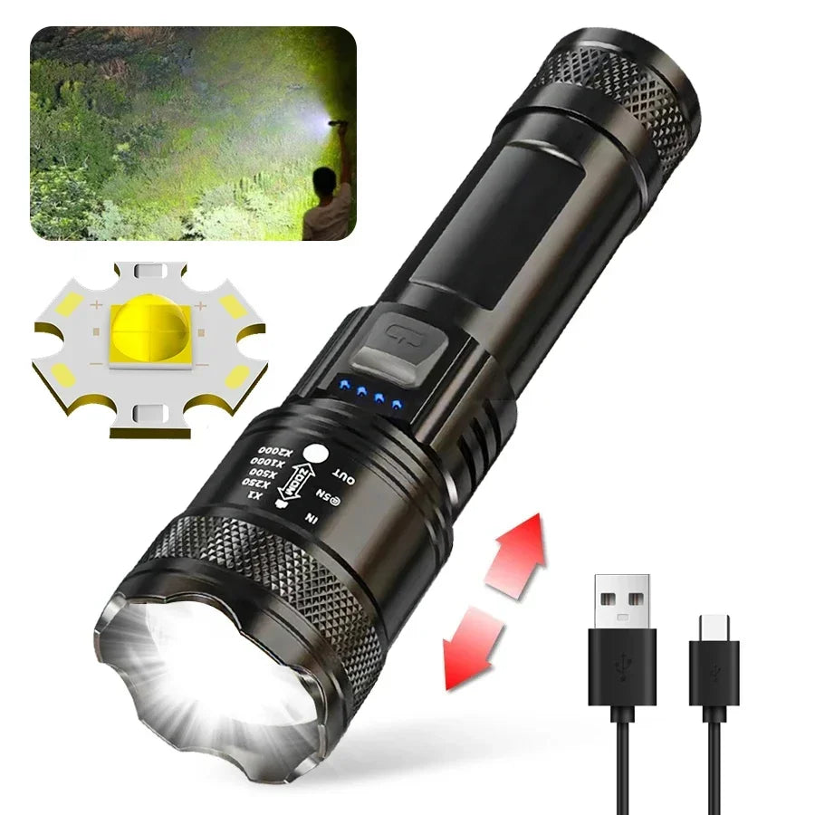 Linterna Táctica LED Recargable – 2000 lm con Zoom, 3 Modos y Pantalla | USB Tipo-C | Resistente al Agua | Emergencias y Camping