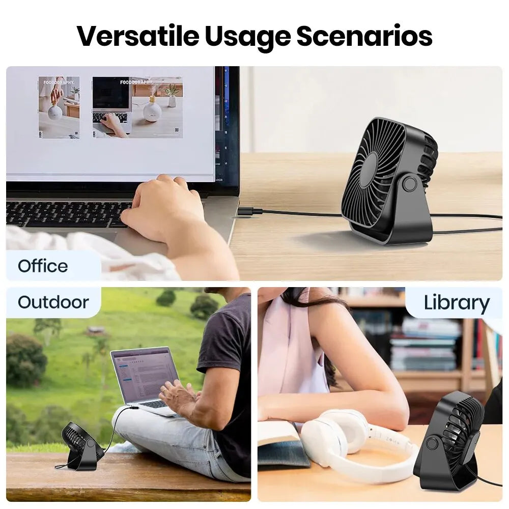 Ventilador USB TOPK Mini 4” Portátil – Silencioso, 3 Velocidades, Cabezal Giratorio 360°, Ideal para Casa, Oficina o Camping