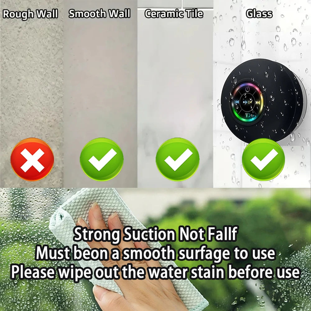Bocina Bluetooth Portátil con LED e IPX4 – Impermeable, con Micrófono y Ventosa para Baño o Exterior