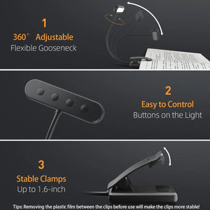 Lámpara LED Recargable para Lectura | Luz de Clip con 14 LEDs y 3 Tonos de Luz
