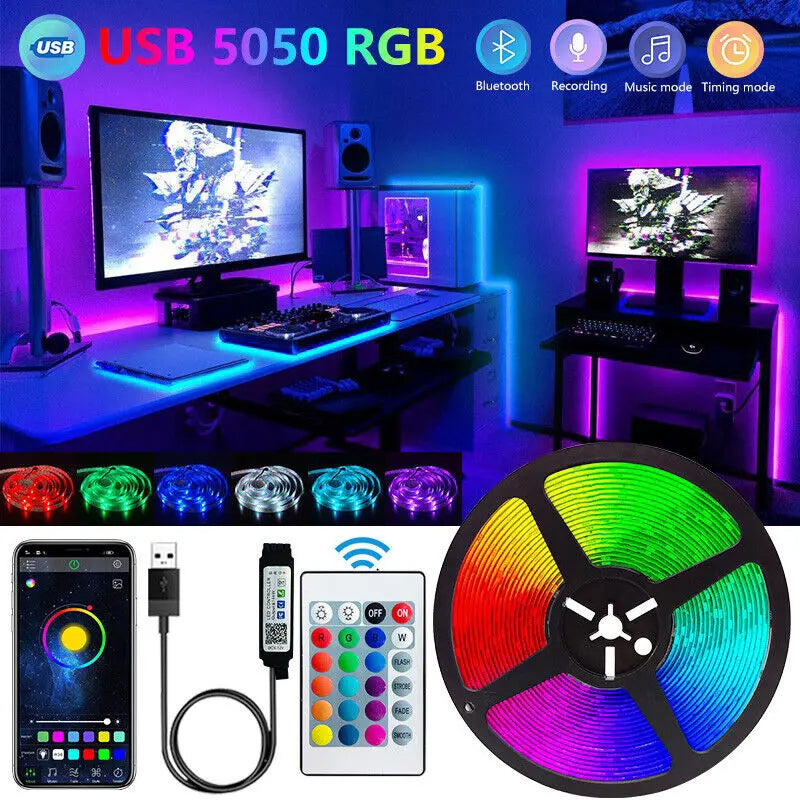 Tira LED RGB con Bluetooth y App –5 m | Control desde Celular + Control Remoto | Ideal para Cuartos Gamer, TV y Decoración Moderna