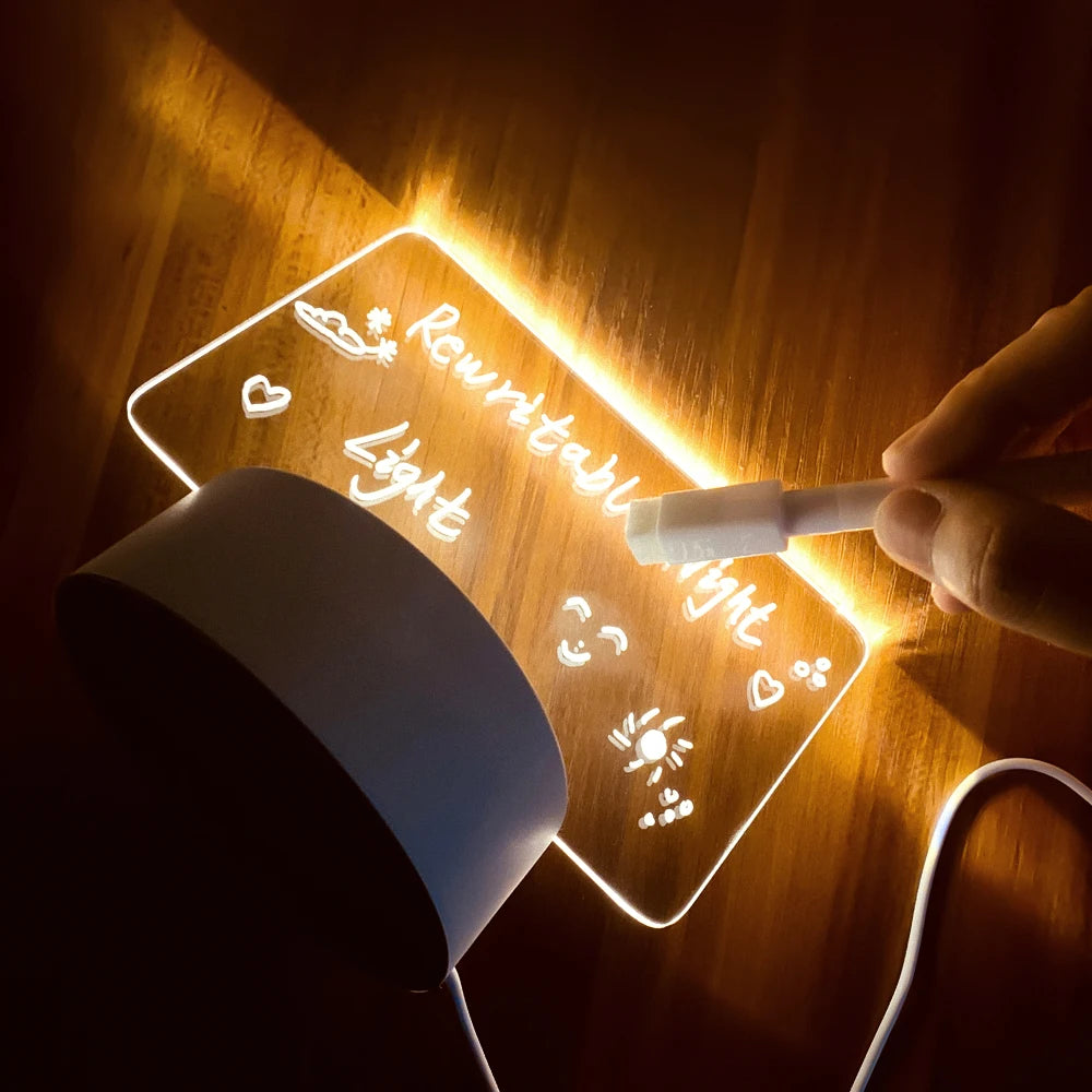 Lámpara LED de Acrílico con Mensajes – Tablero de Notas Luminoso USB con Pluma