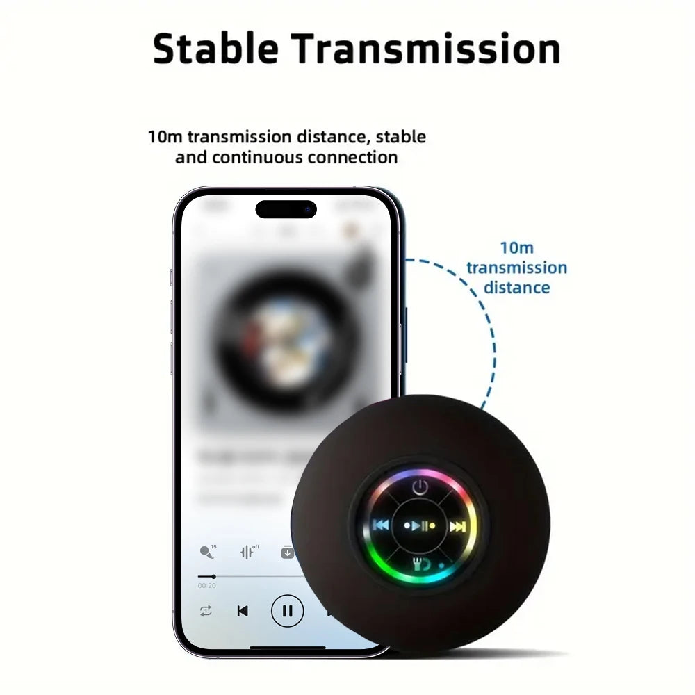 Bocina Bluetooth Portátil con LED e IPX4 – Impermeable, con Micrófono y Ventosa para Baño o Exterior