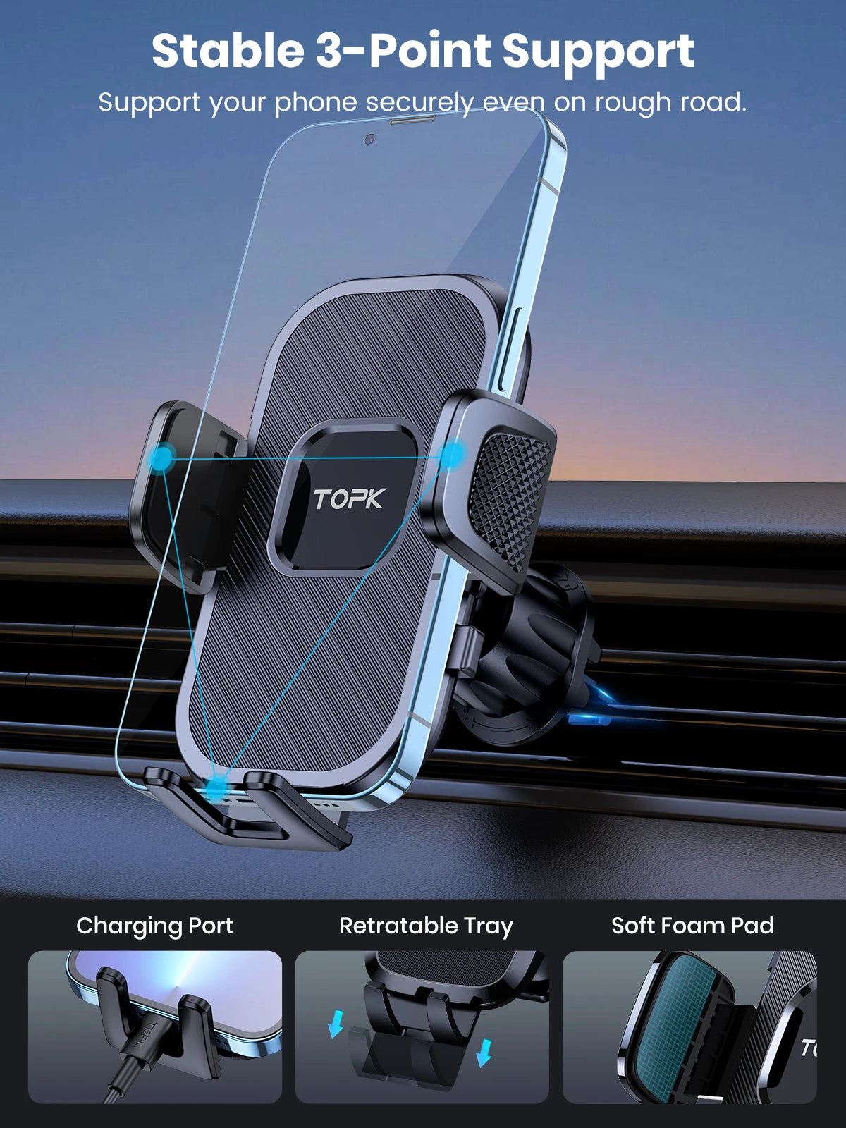 Soporte TOPK para Celular en Auto – Montaje en Ventila de Aire | Compatible con Teléfonos Grandes (4.5''–6.7")