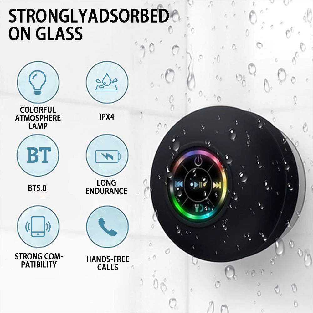 Bocina Bluetooth Portátil con LED e IPX4 – Impermeable, con Micrófono y Ventosa para Baño o Exterior