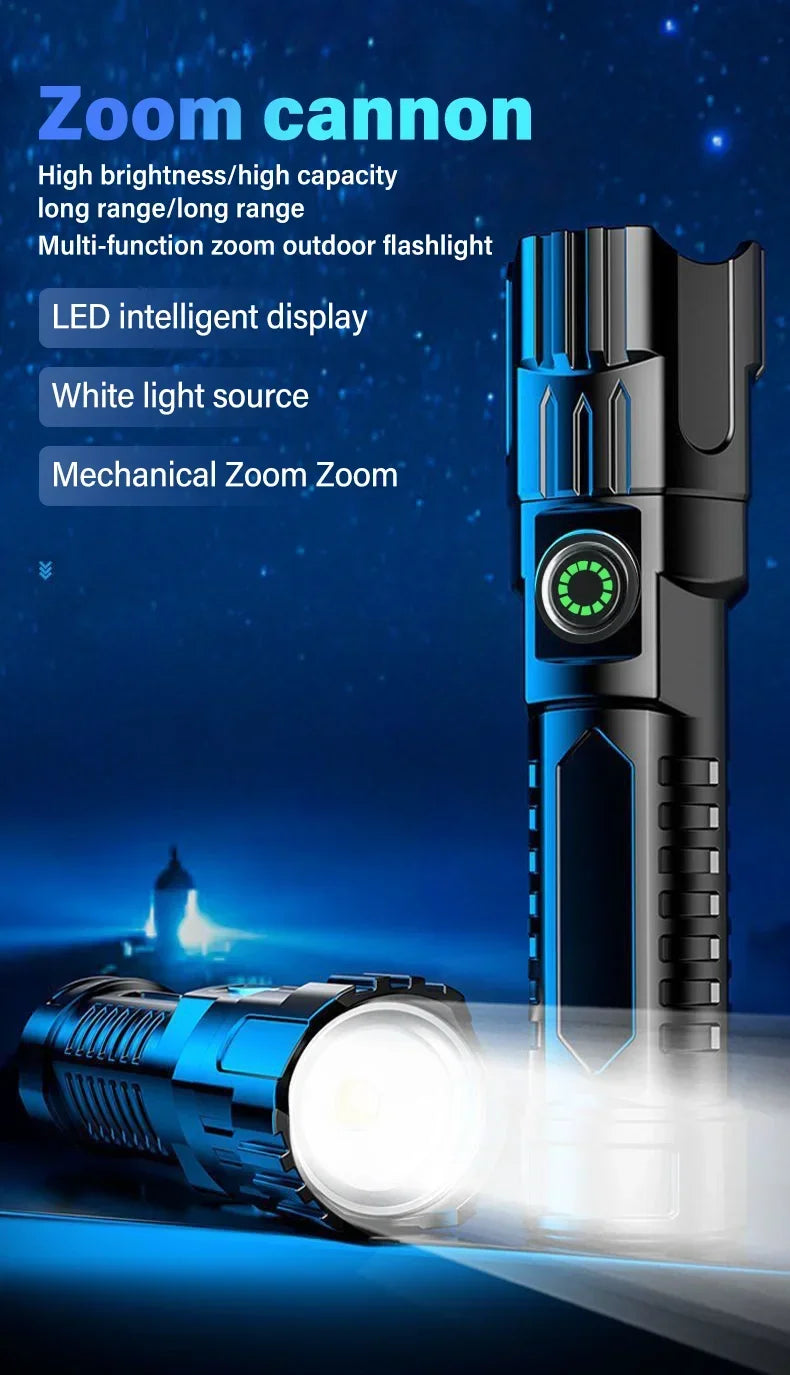 Linterna Táctica LED Recargable – 2000 lm con Zoom, 3 Modos y Pantalla | USB Tipo-C | Resistente al Agua | Emergencias y Camping