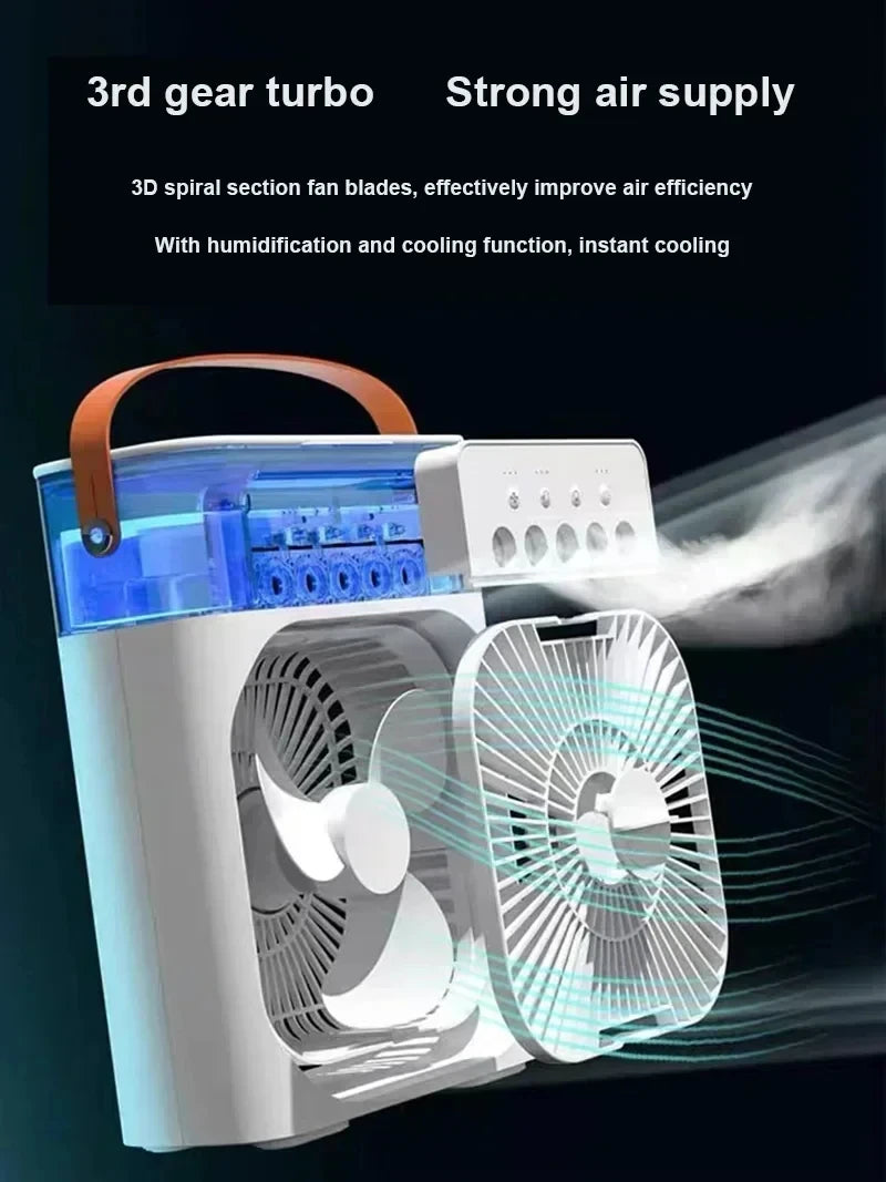 Enfriador de Aire 3 en 1 Portátil con Luz LED – Ventilador, Humidificador y Mini Aire Acondicionado USB para Hogar y Oficina