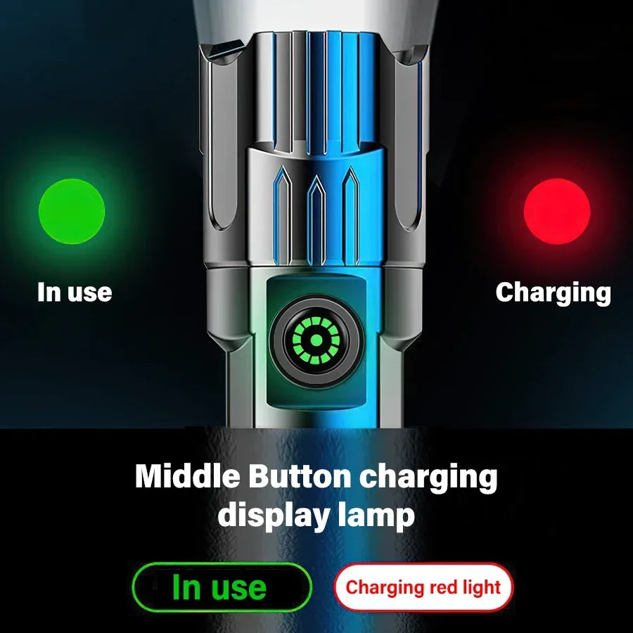 Linterna Táctica LED Recargable – 2000 lm con Zoom, 3 Modos y Pantalla | USB Tipo-C | Resistente al Agua | Emergencias y Camping