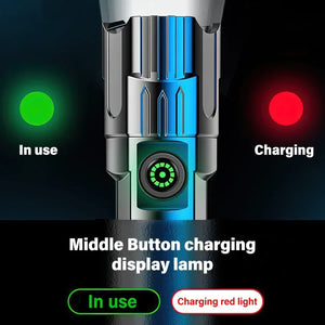 Linterna Táctica LED Recargable – 2000 lm con Zoom, 3 Modos y Pantalla | USB Tipo-C | Resistente al Agua | Emergencias y Camping