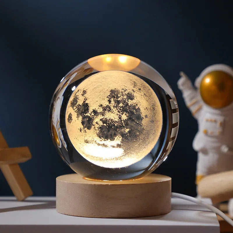 Luz Nocturna LED USB Bola de Cristal Galáctica 3D | Lámpara Luna y Planeta para Decoración de Hogar y Regalos