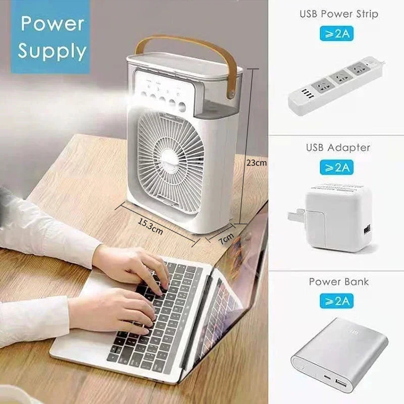 Enfriador de Aire 3 en 1 Portátil con Luz LED – Ventilador, Humidificador y Mini Aire Acondicionado USB para Hogar y Oficina