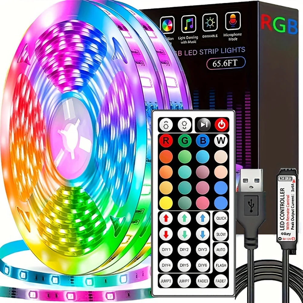 Tira LED RGB 10 m / 20 m con Control Remoto – Iluminación Decorativa para Cuartos, Paredes y Ambientes Festivos | 44 Modos + USB 5V