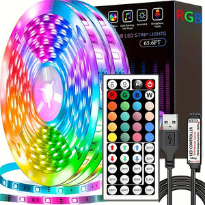 Tira LED RGB 10 m / 20 m con Control Remoto – Iluminación Decorativa para Cuartos, Paredes y Ambientes Festivos | 44 Modos + USB 5V