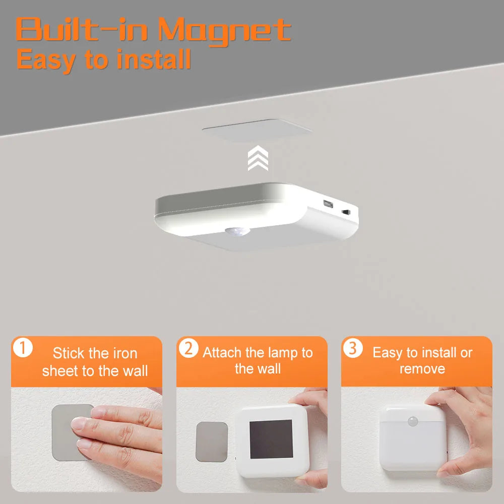 Luz Nocturna LED con Sensor de Movimiento Recargable USB Tipo-C – Luz de Emergencia para Cocina, Escaleras y Armarios